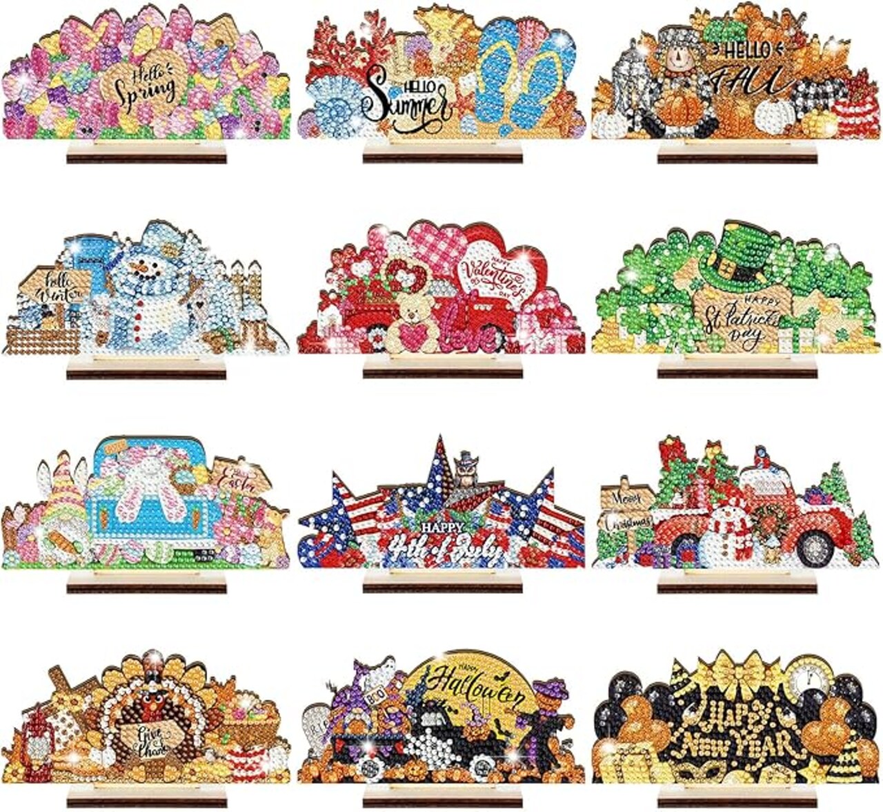 12 Sets Interchangeable Seasonal Diamond Art Tabletop Decorations Holiday Diamond Art Painting Kit with Wood Base for Valentines Easter Winter Spring Holiday Table Decor(Classic Style)